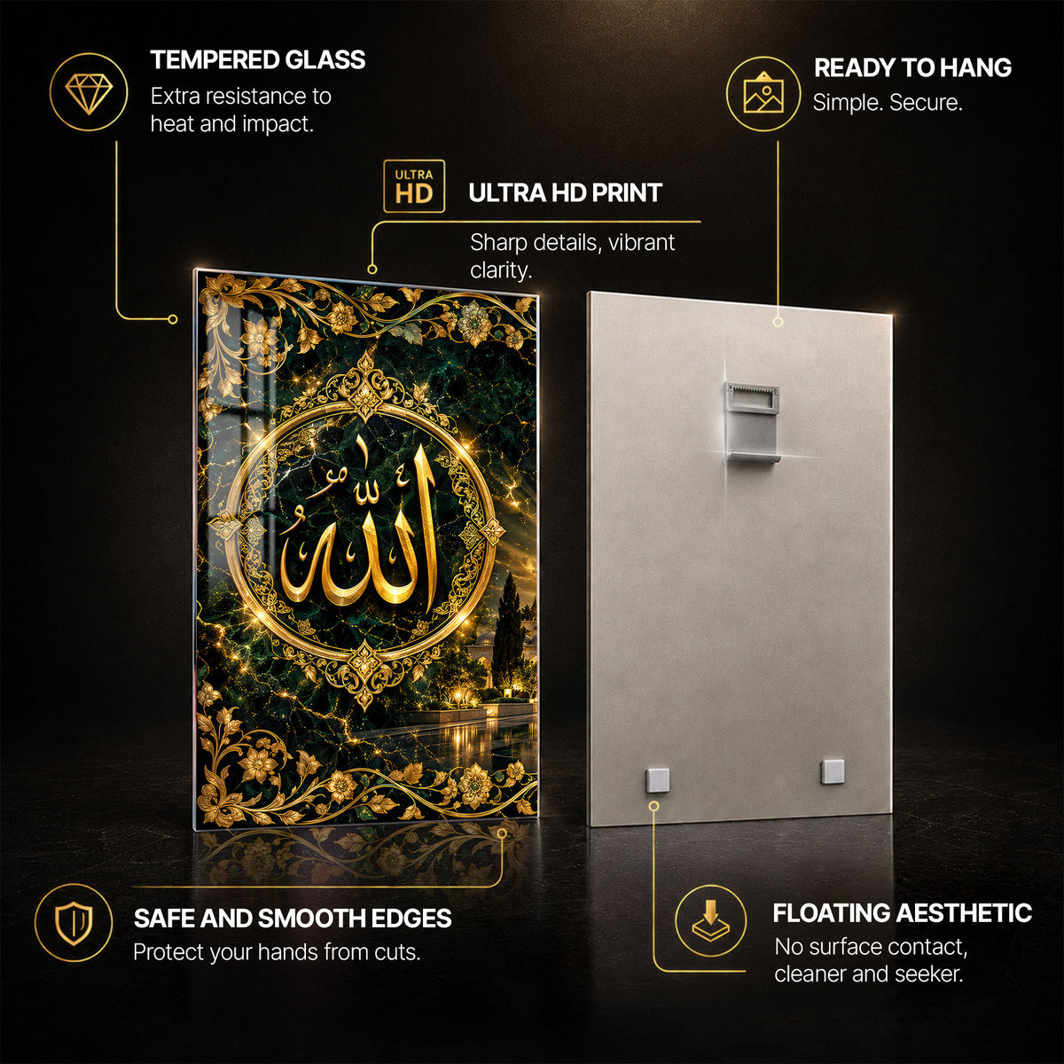 Golden Islamic — tempered glass, ultra HD print, ready to hang