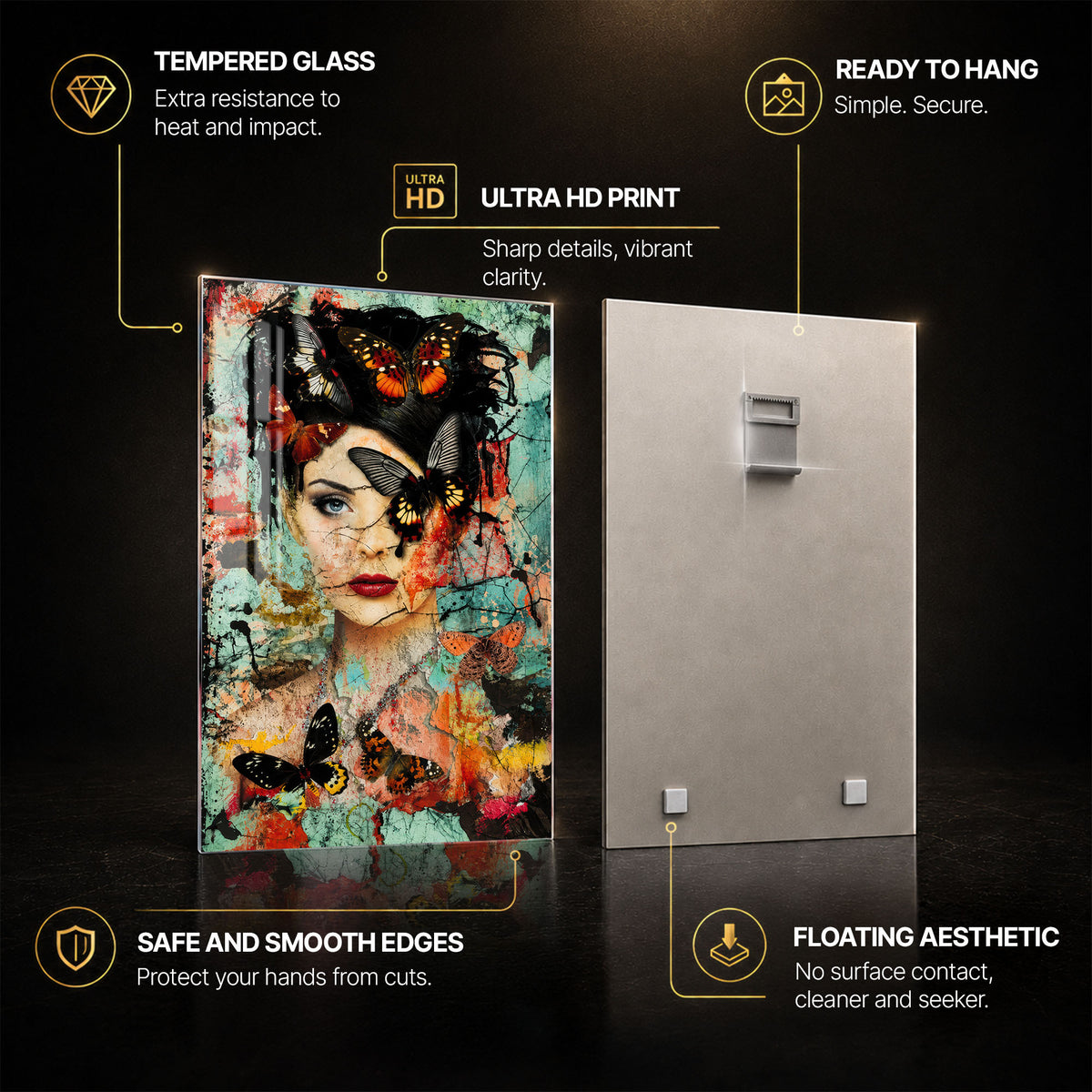 Butterfly Muse — tempered glass, ultra HD print, ready to hang