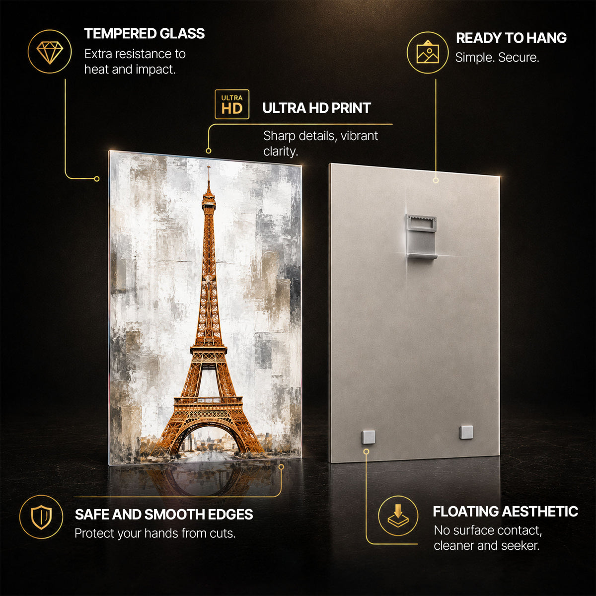 Golden Eiffel Tower — tempered glass, ultra HD print, ready to hang