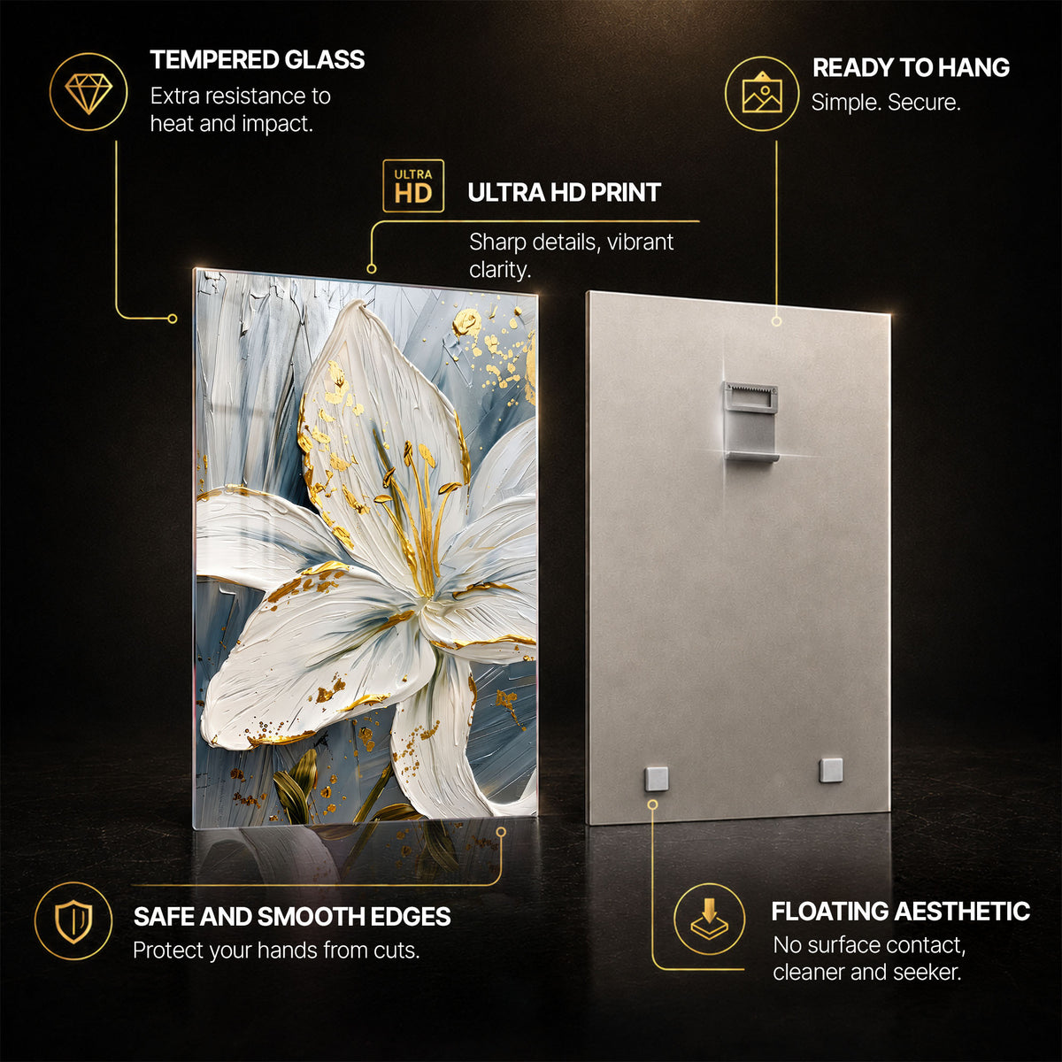 Golden White Lily — tempered glass, ultra HD print, ready to hang
