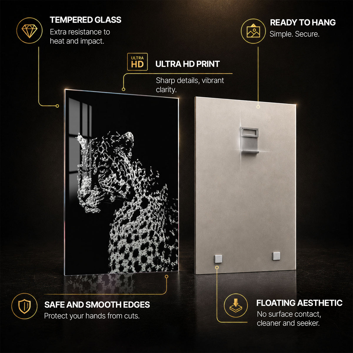 Crystal Leopard — tempered glass, ultra HD print, ready to hang