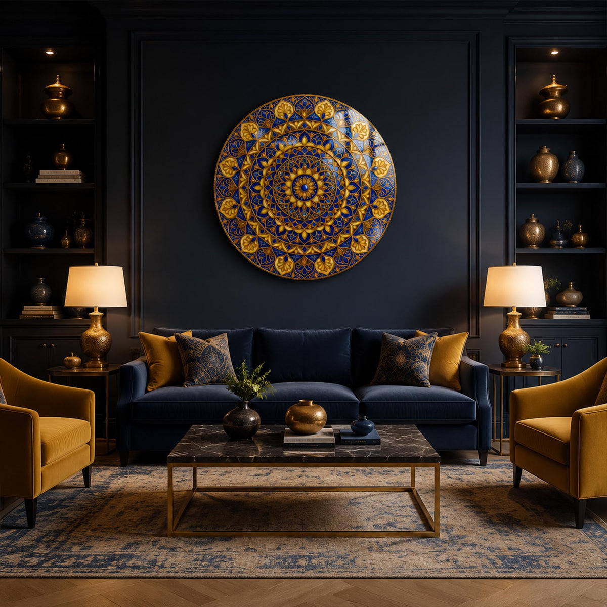 Royal Sapphire Mandala — tempered glass, ultra HD print, ready to hang