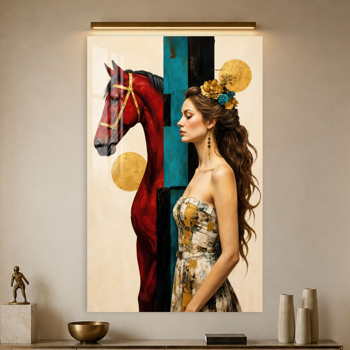Crimson Horse and Muse in a modern room