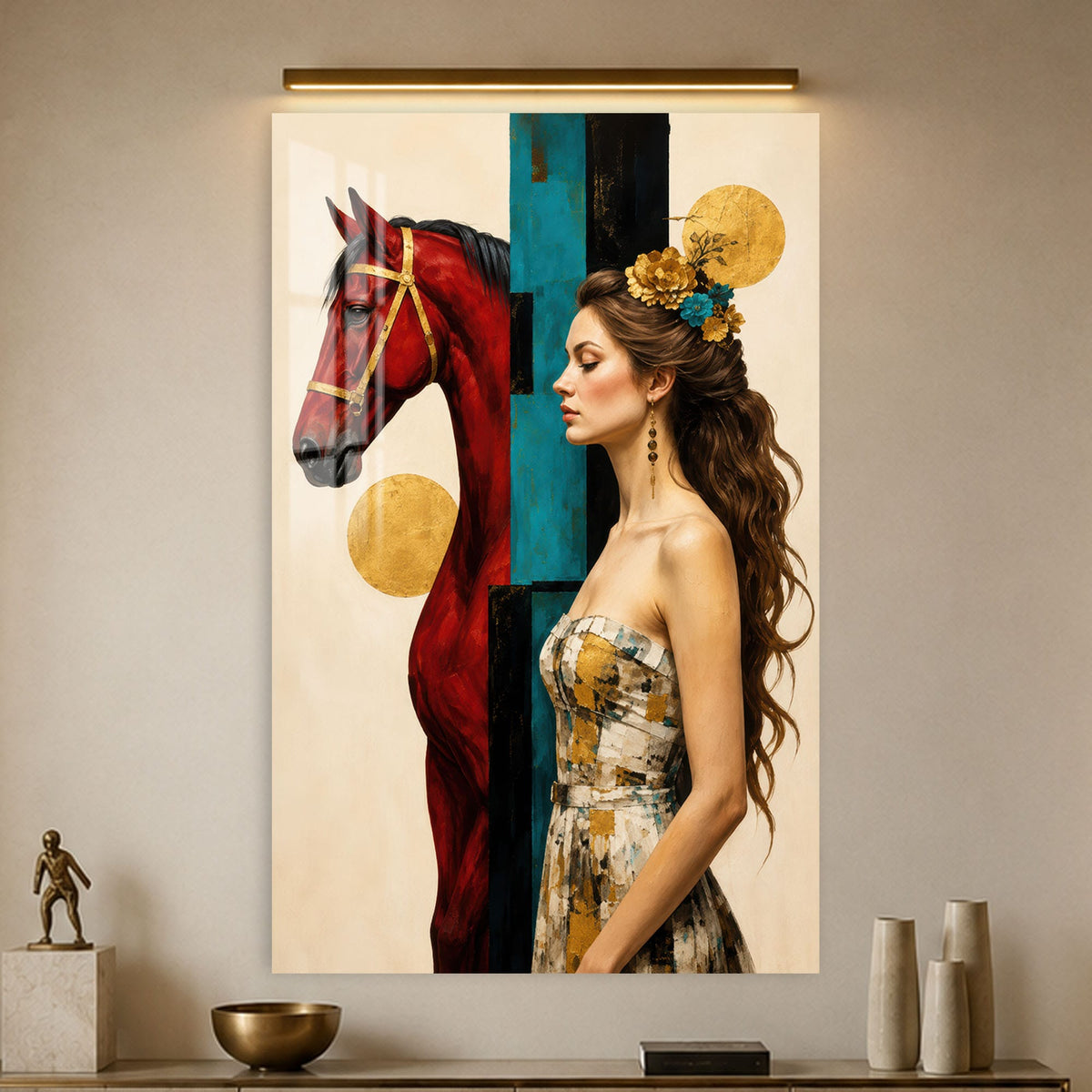 Artronauts Glass Print Crimson Horse and Muse Glass Wall Art