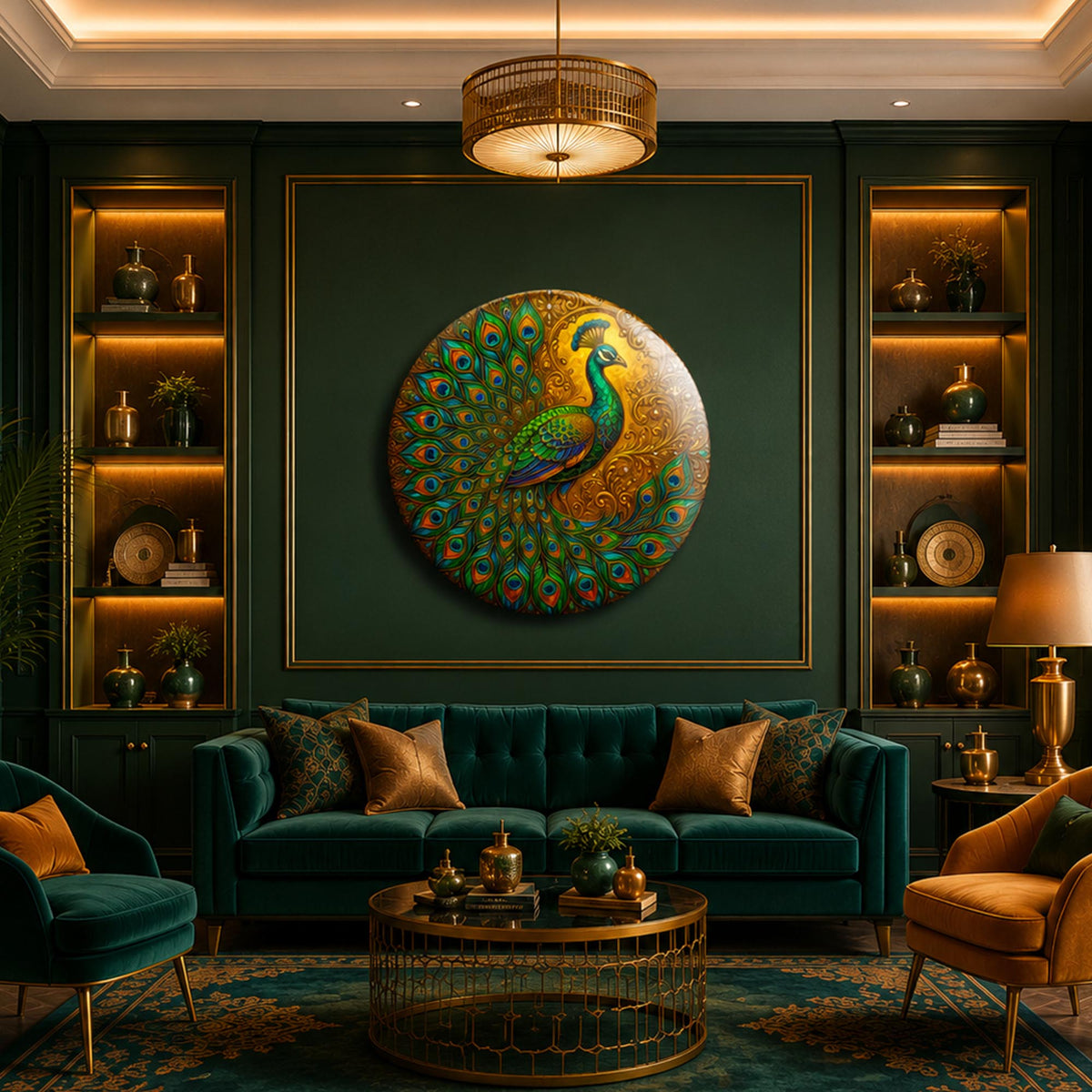 Emerald Peacock in a modern room