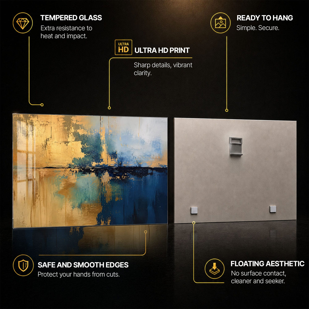 Azure Gold Divide — tempered glass, ultra HD print, ready to hang