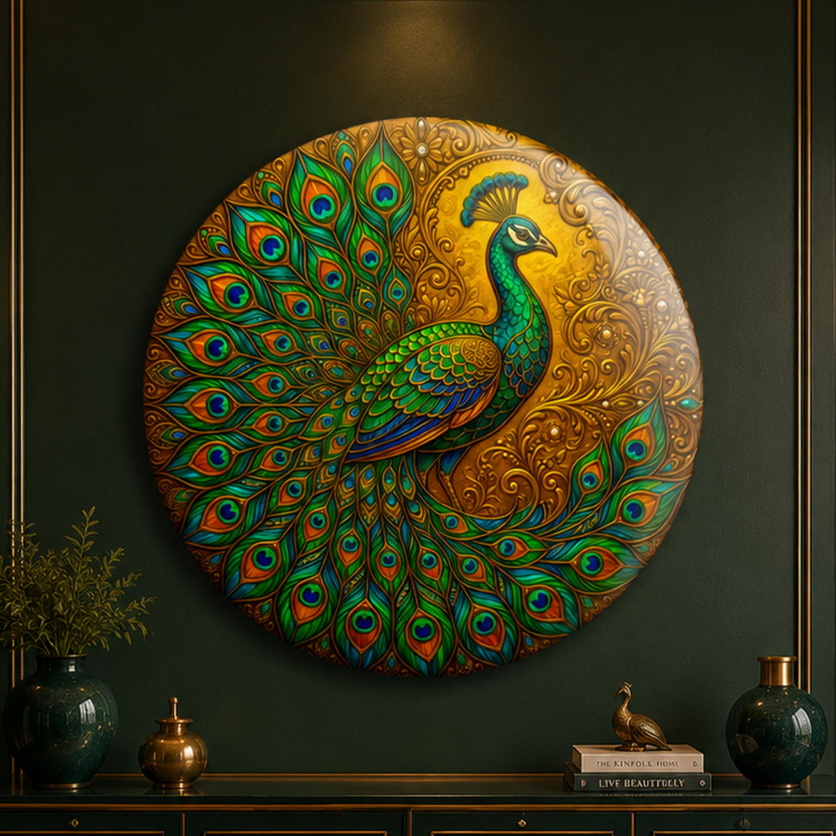Emerald Peacock — tempered glass, ultra HD print, ready to hang