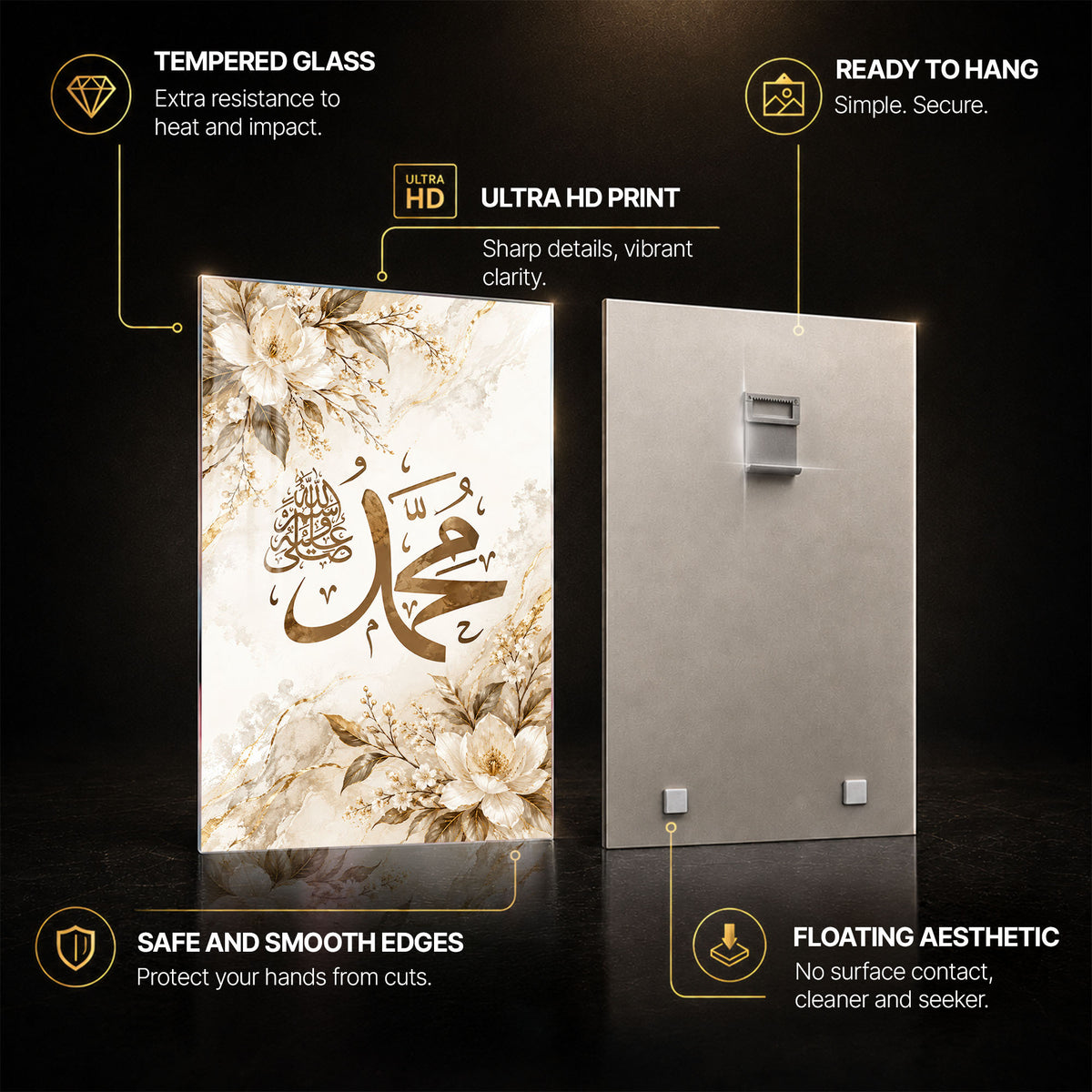 Golden Islamic Floral — tempered glass, ultra HD print, ready to hang