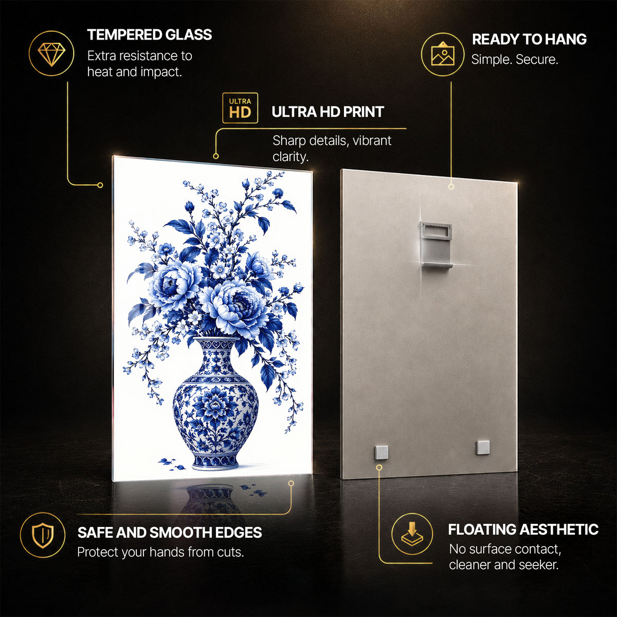 Blue Peacock Floral — tempered glass, ultra HD print, ready to hang