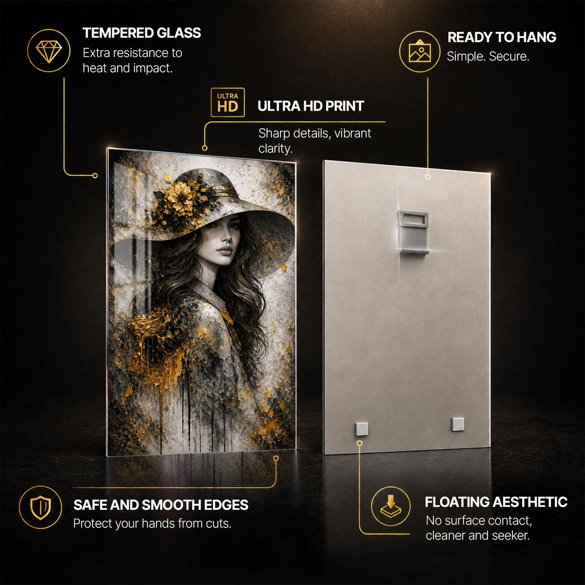 Golden Hat Portrait — tempered glass, ultra HD print, ready to hang