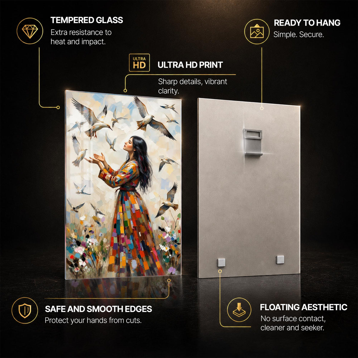 Woman Among Flying Birds — tempered glass, ultra HD print, ready to hang