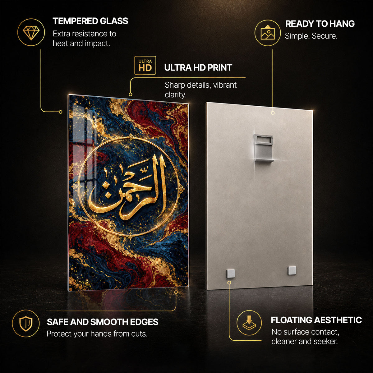Golden Islamic Calligraphy — tempered glass, ultra HD print, ready to hang