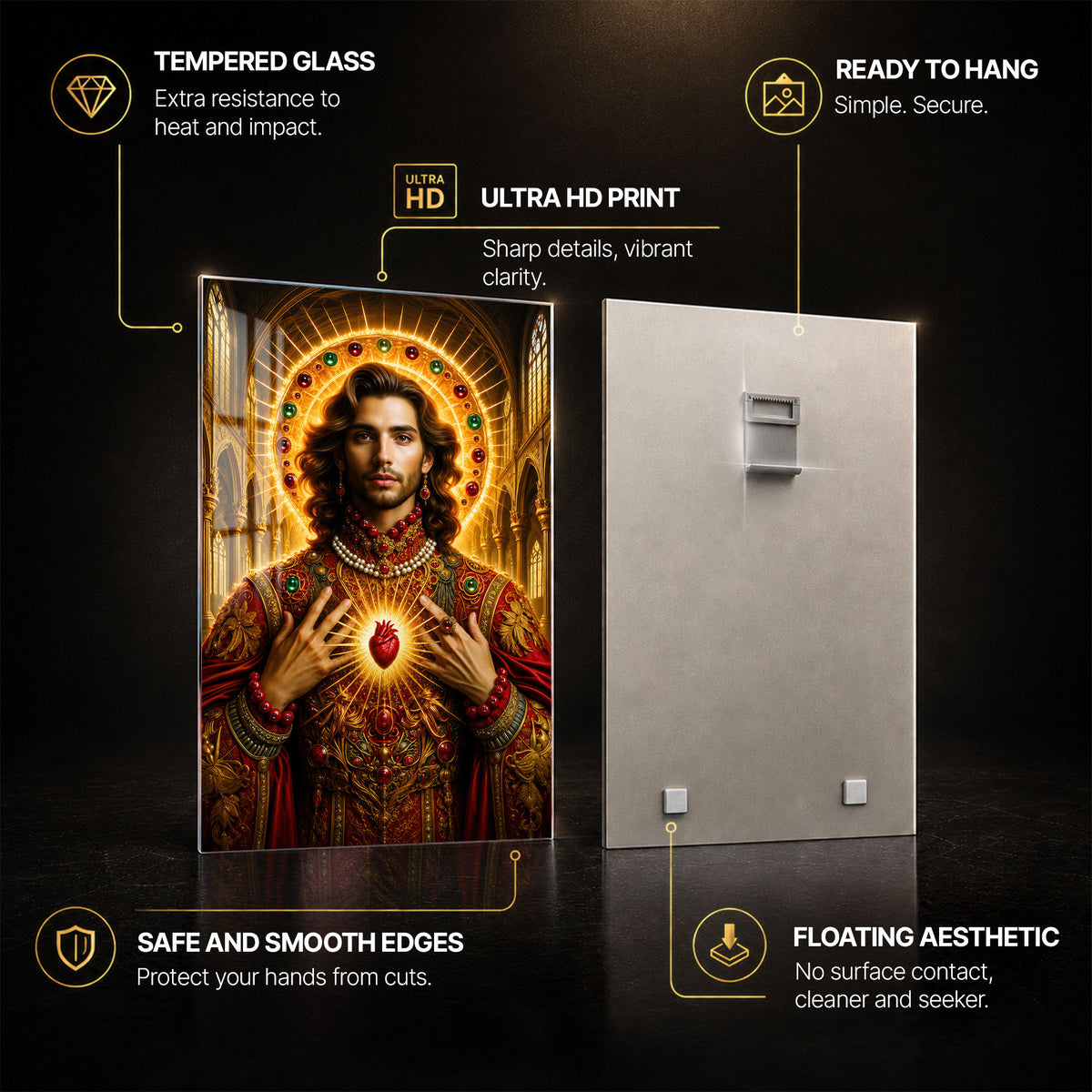 Sacred Heart Radiance — tempered glass, ultra HD print, ready to hang