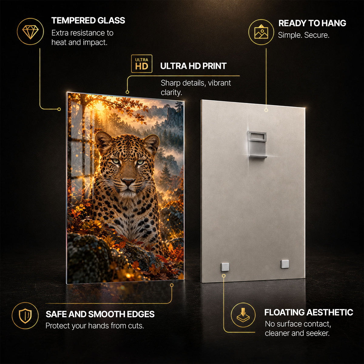 Golden Wilderness — tempered glass, ultra HD print, ready to hang