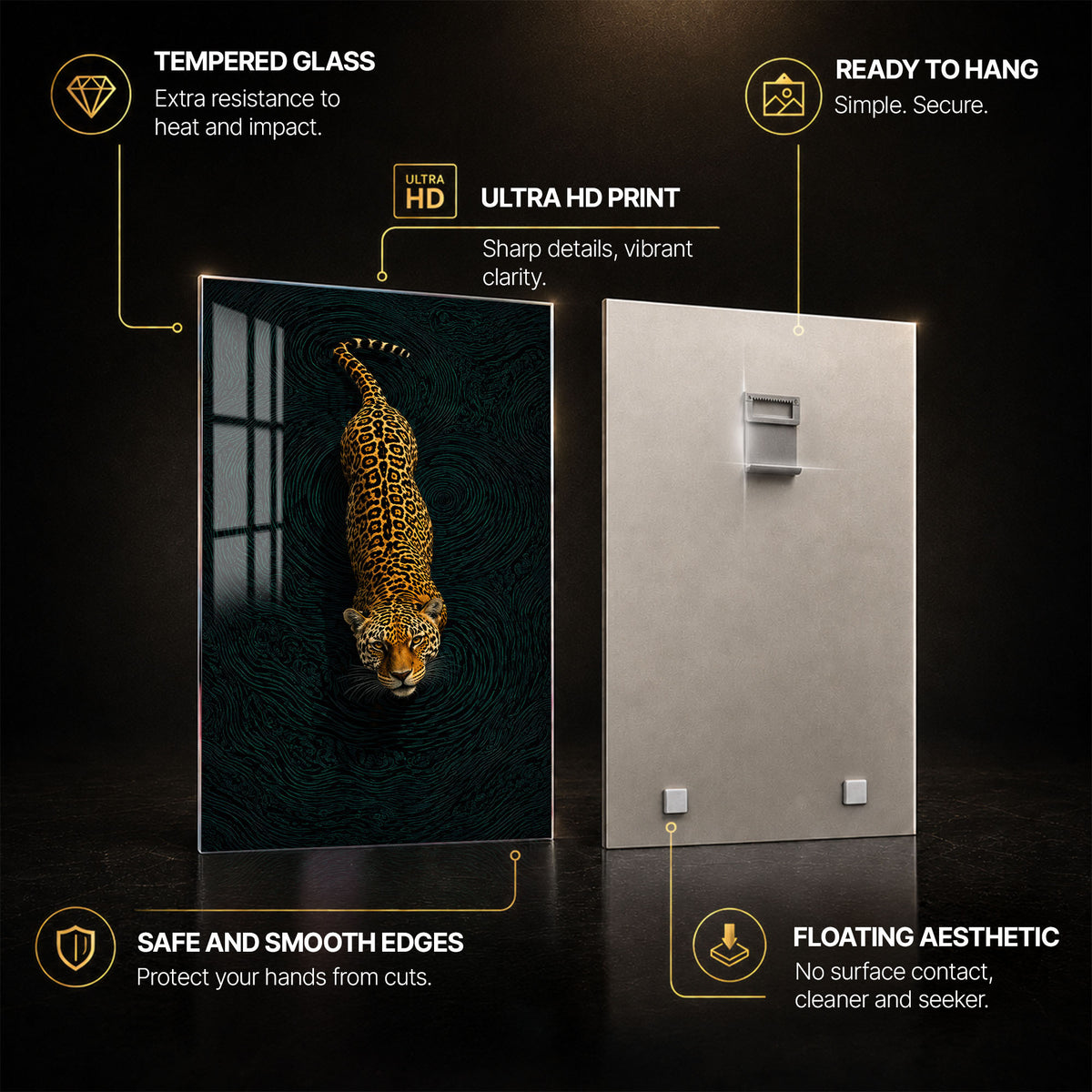 Midnight Jaguar — tempered glass, ultra HD print, ready to hang