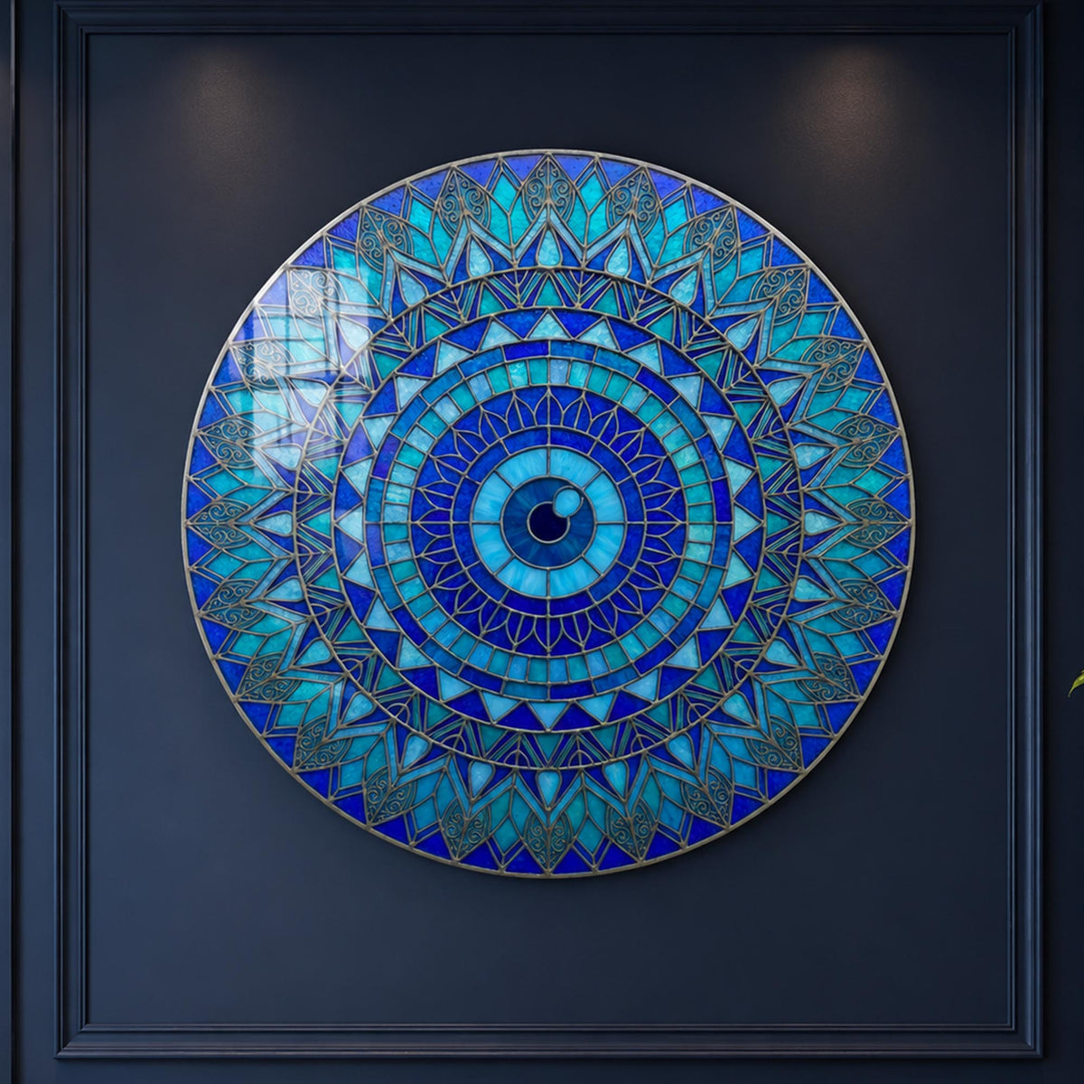 Azure Lotus Mandala — tempered glass, ultra HD print, ready to hang