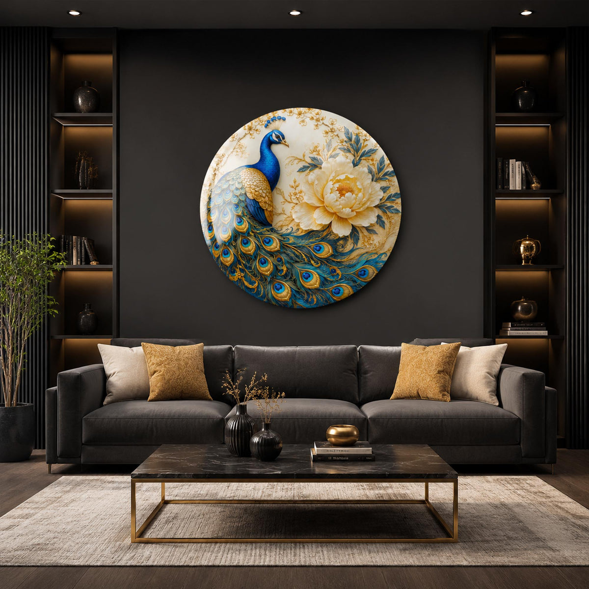 Regal Peacock Bloom — tempered glass, ultra HD print, ready to hang