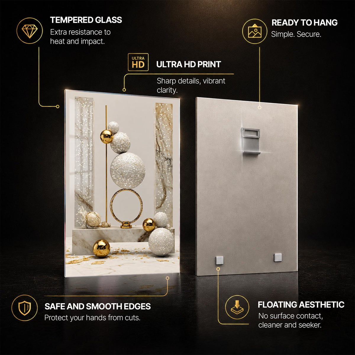 Golden Orb Balance — tempered glass, ultra HD print, ready to hang