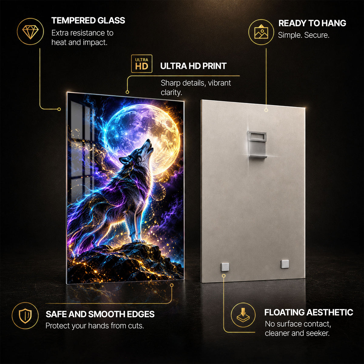 Neon Wolf — tempered glass, ultra HD print, ready to hang