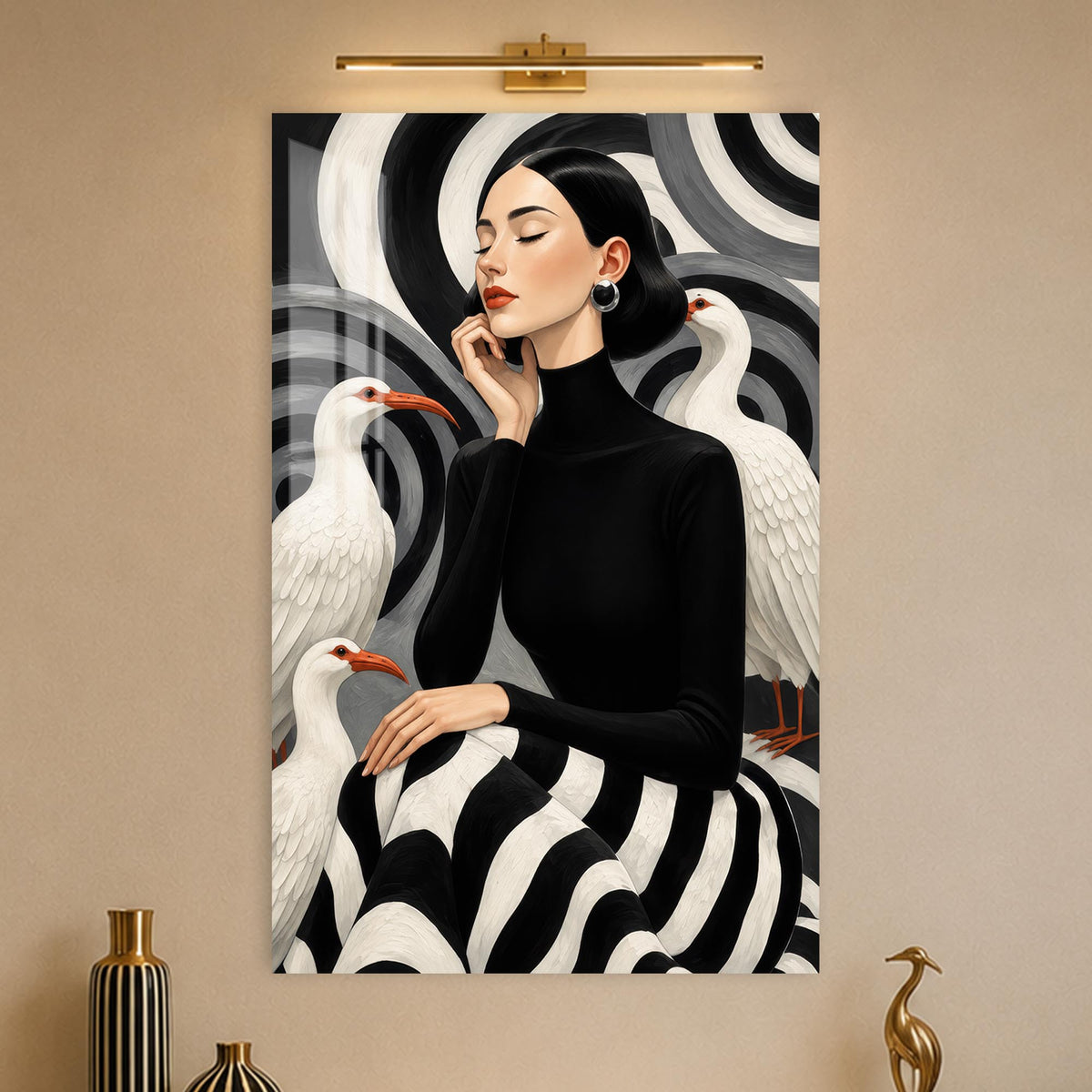 Woman Among White Cranes in a modern room