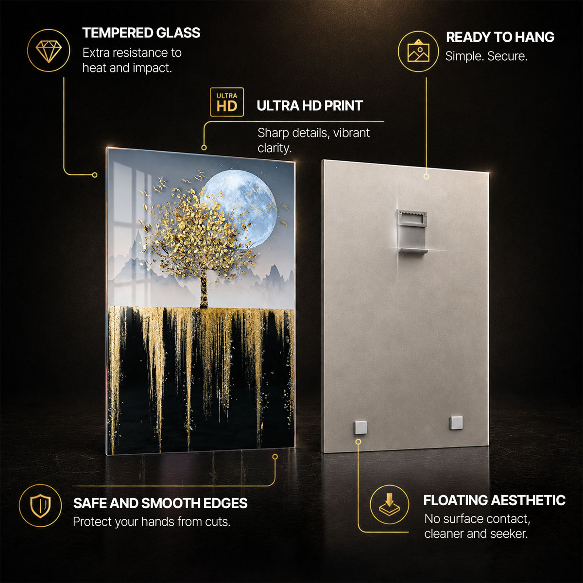 Moonlit Golden Tree — tempered glass, ultra HD print, ready to hang