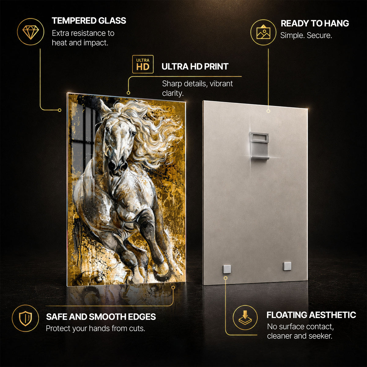 Golden White Stallion — tempered glass, ultra HD print, ready to hang