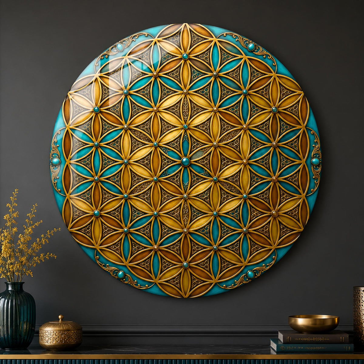 Turquoise Golden Lattice in a modern room