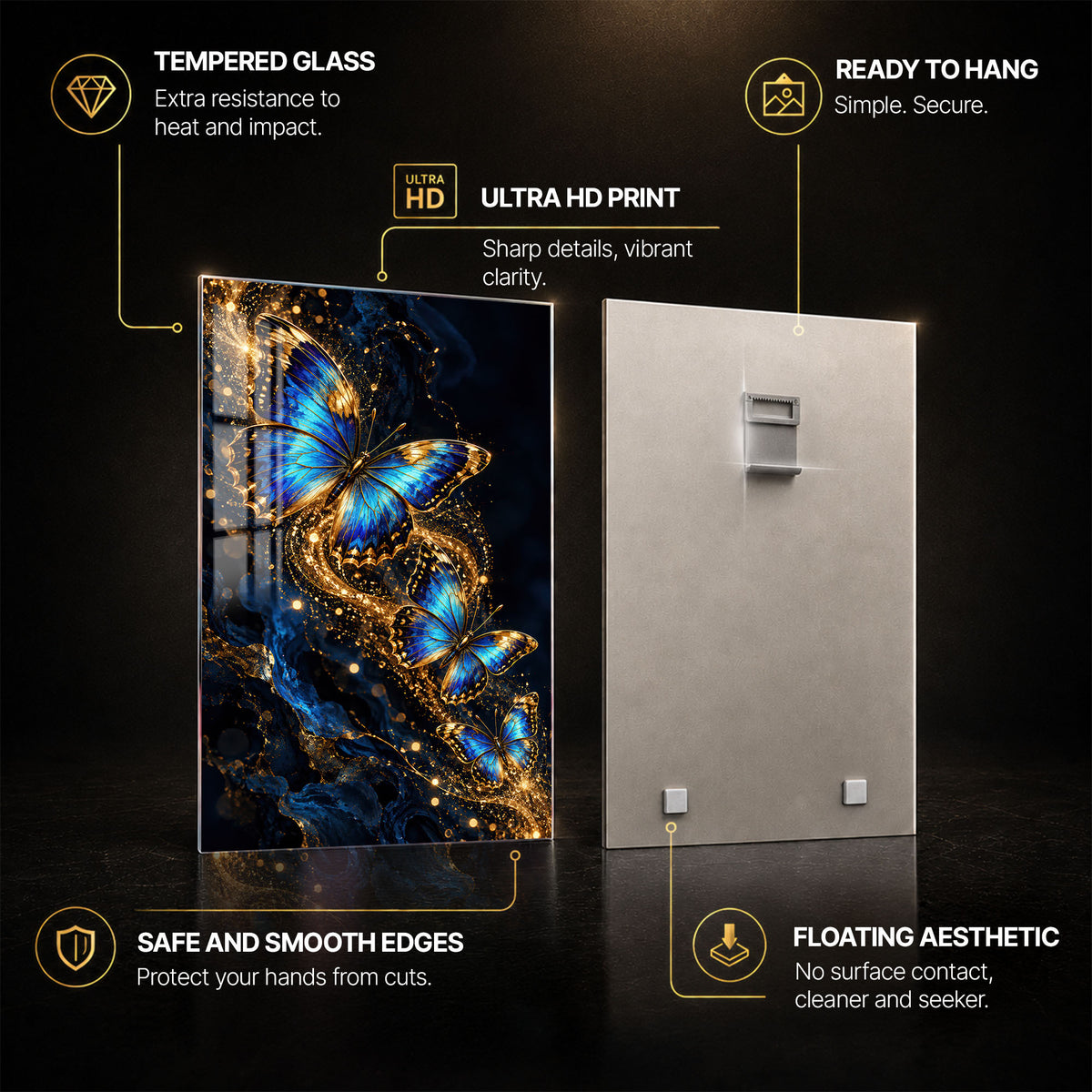 Blue Gold Butterfly — tempered glass, ultra HD print, ready to hang