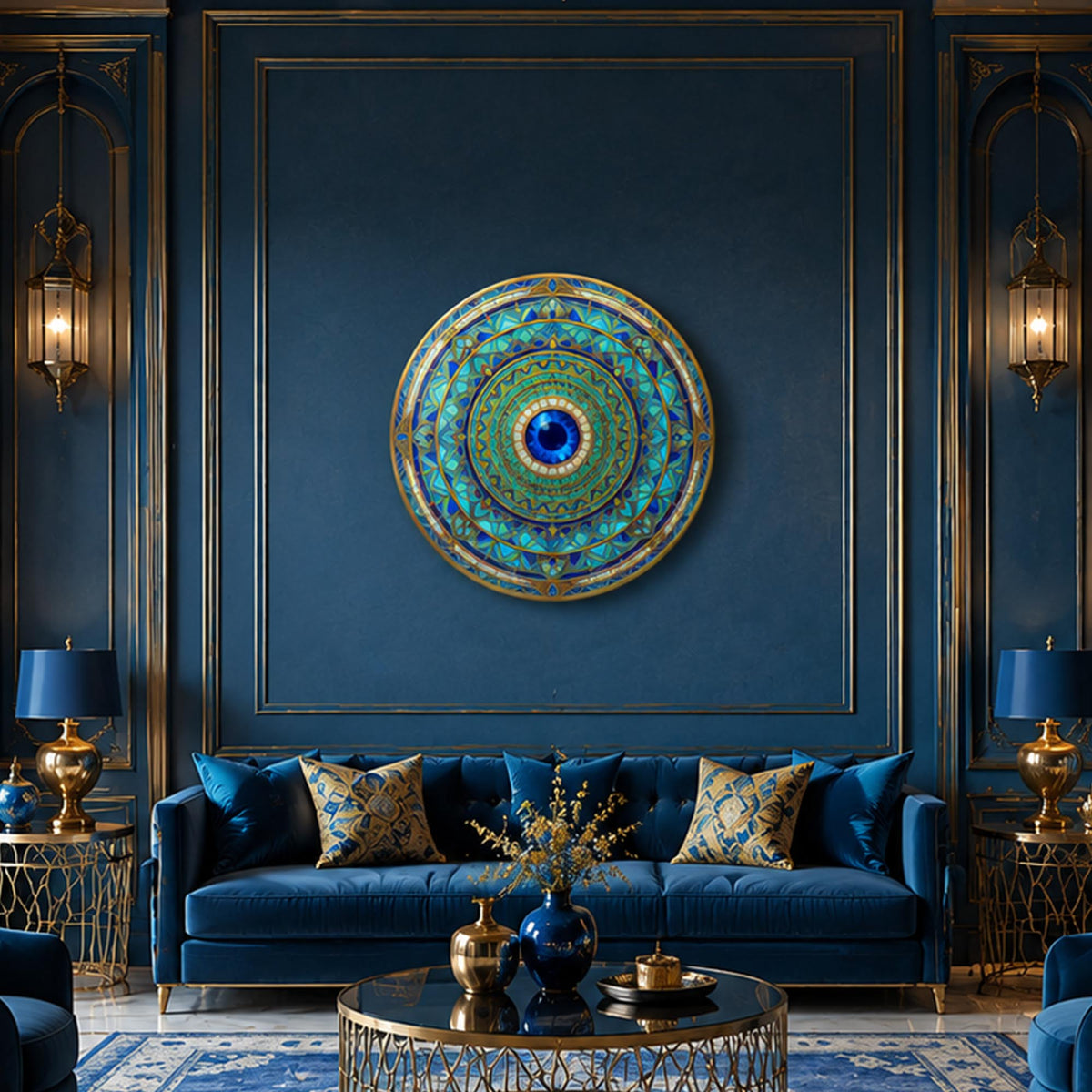 Turquoise Evil Eye Mandala in a modern room