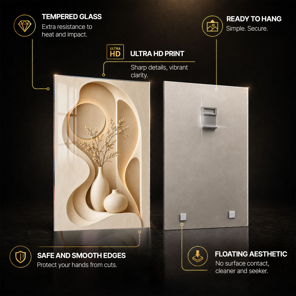 Sculptural Botanical — tempered glass, ultra HD print, ready to hang
