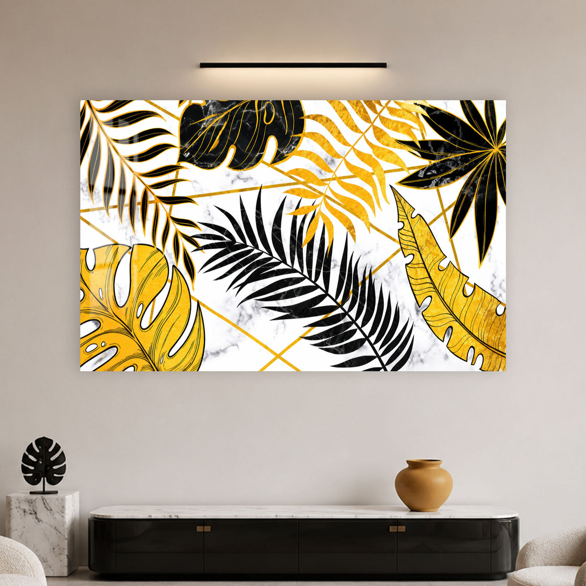 Gold and Black Tropical Leaves in a modern room