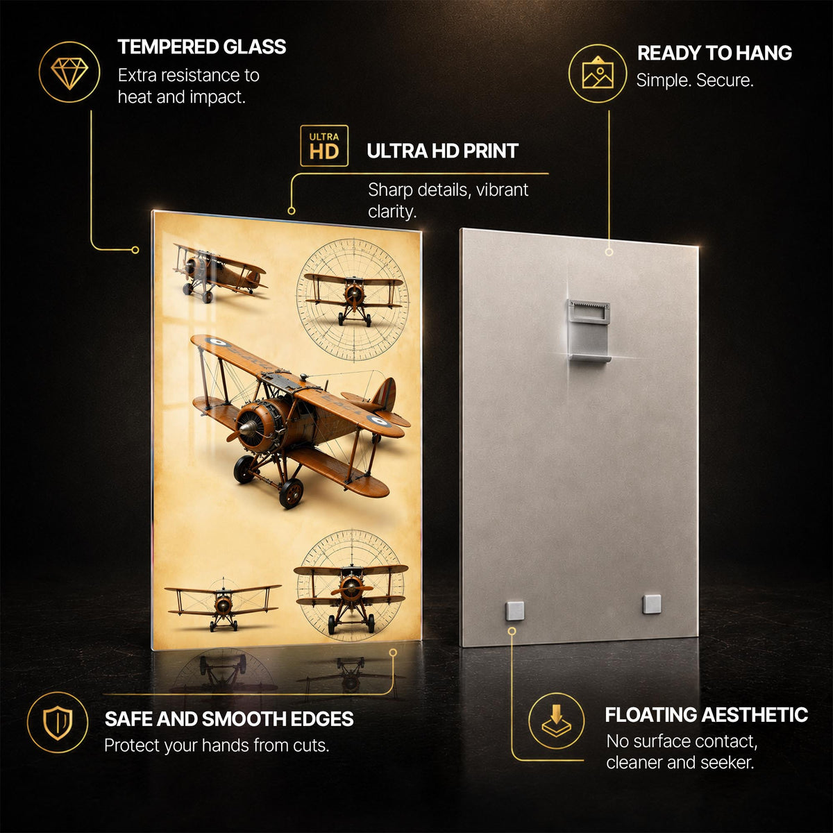 Vintage Biplane Studies — tempered glass, ultra HD print, ready to hang