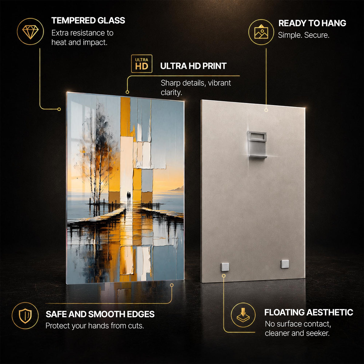Golden Abstract Waterfront — tempered glass, ultra HD print, ready to hang