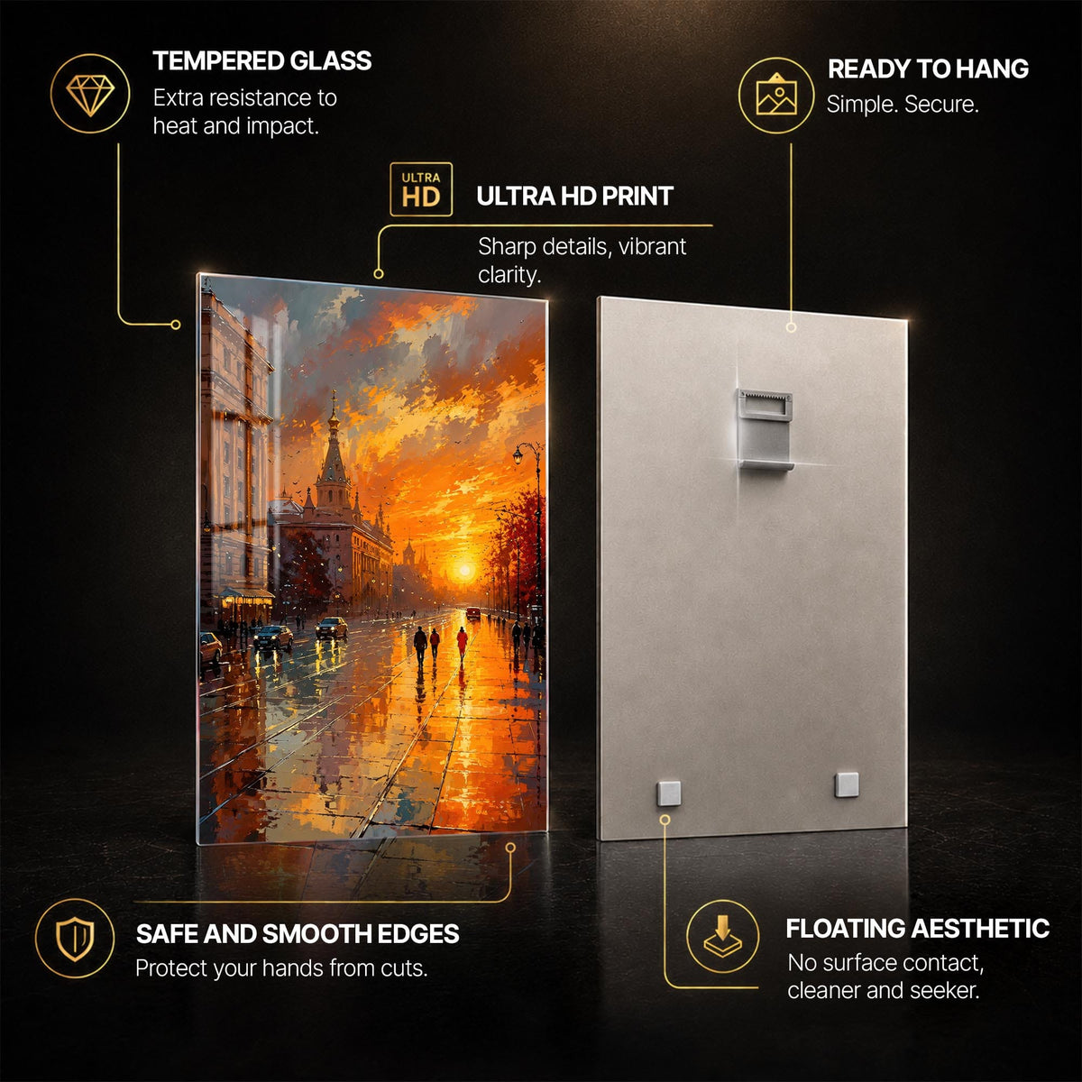 Rainy City Sunset — tempered glass, ultra HD print, ready to hang