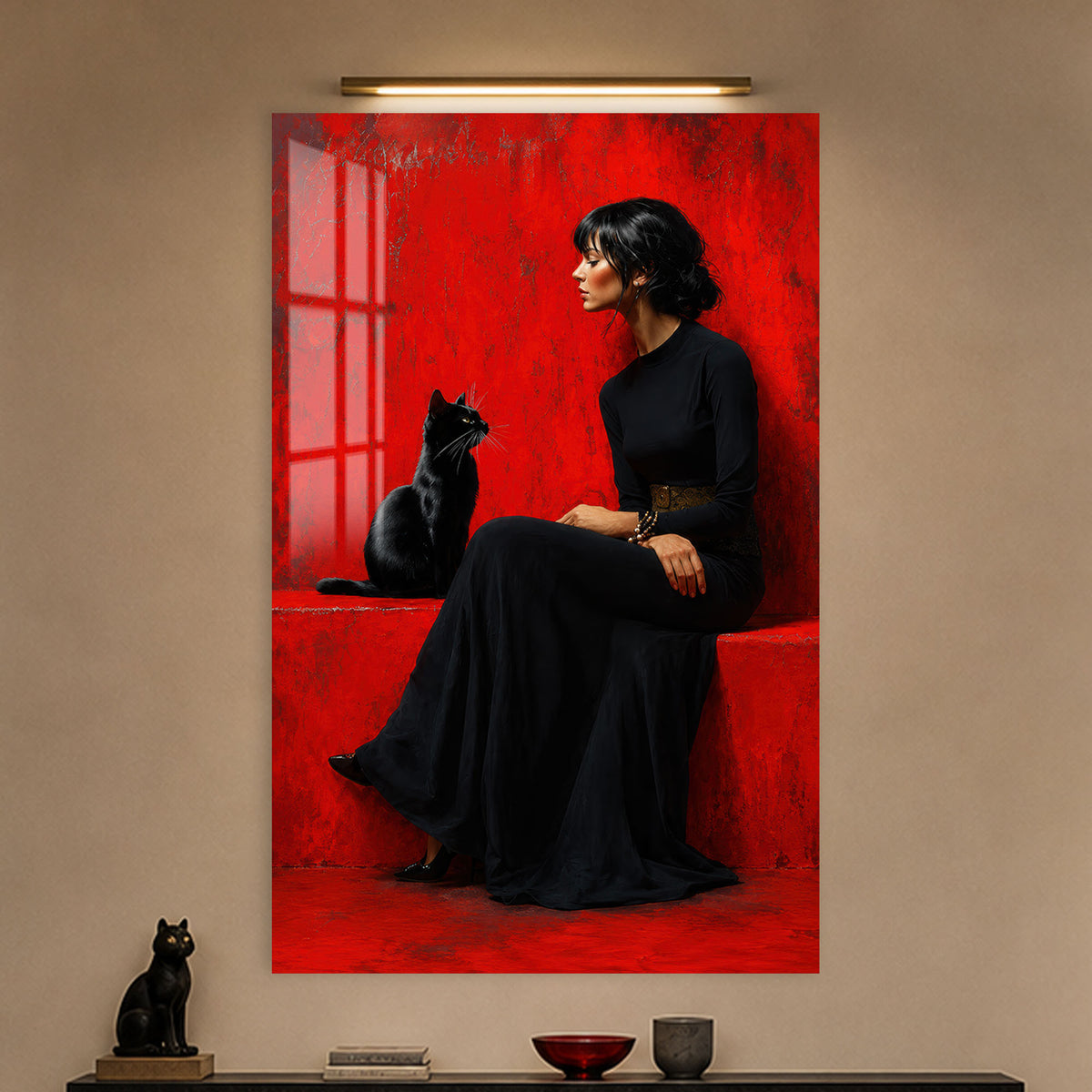 Lady And Black Cat in a modern room