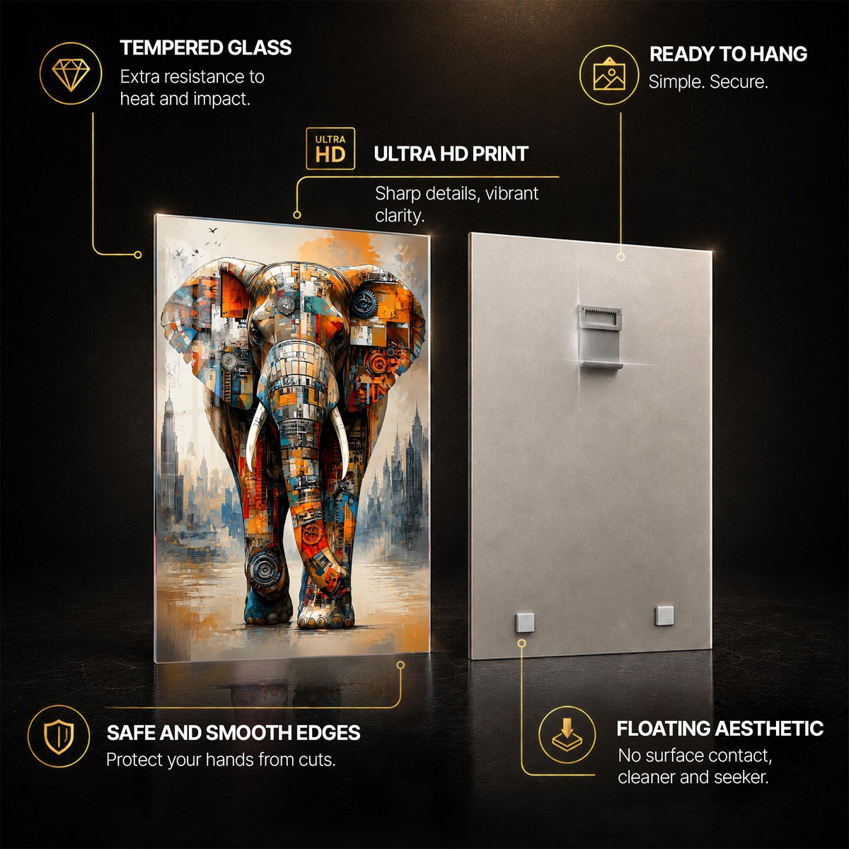 Mechanical City Elephant — tempered glass, ultra HD print, ready to hang