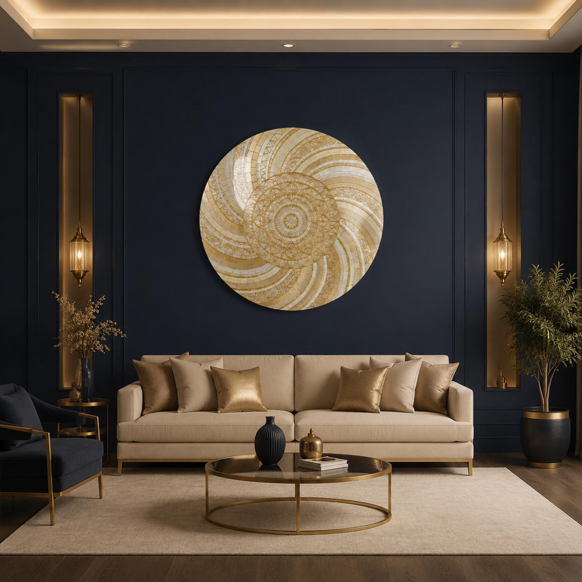 Ivory Mandala Swirl — tempered glass, ultra HD print, ready to hang