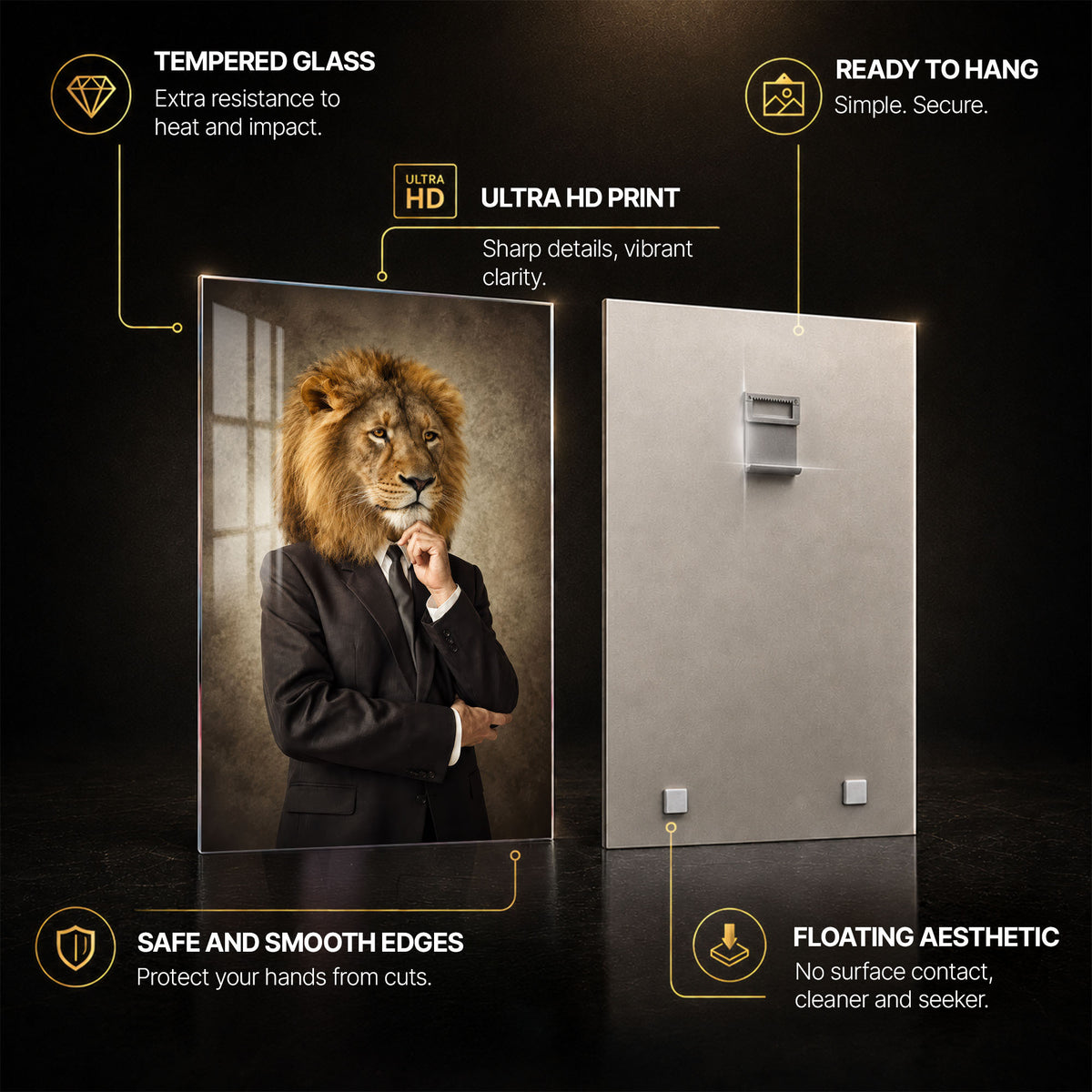 Executive Lion — tempered glass, ultra HD print, ready to hang