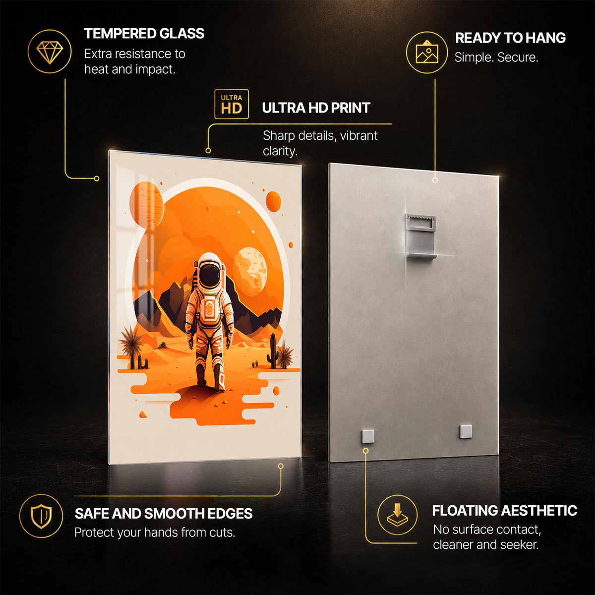 Orange Planet Explorer — tempered glass, ultra HD print, ready to hang