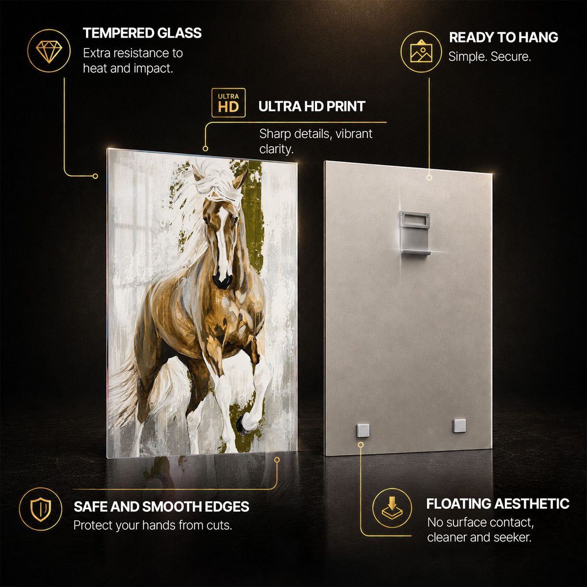 Wild Golden Horse — tempered glass, ultra HD print, ready to hang