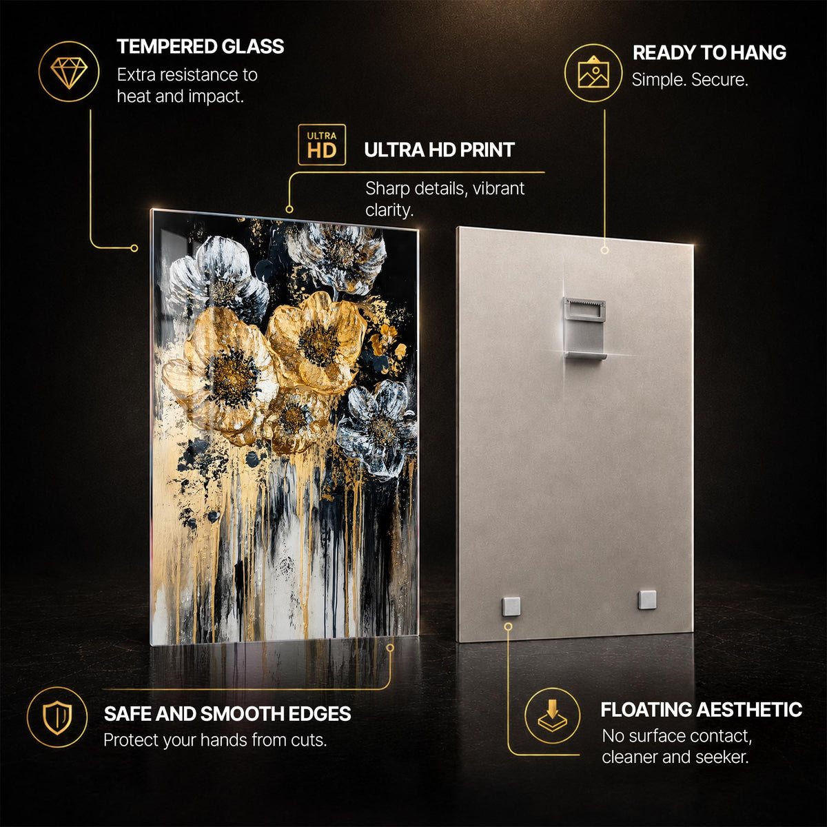 Gilded Midnight Flowers — tempered glass, ultra HD print, ready to hang