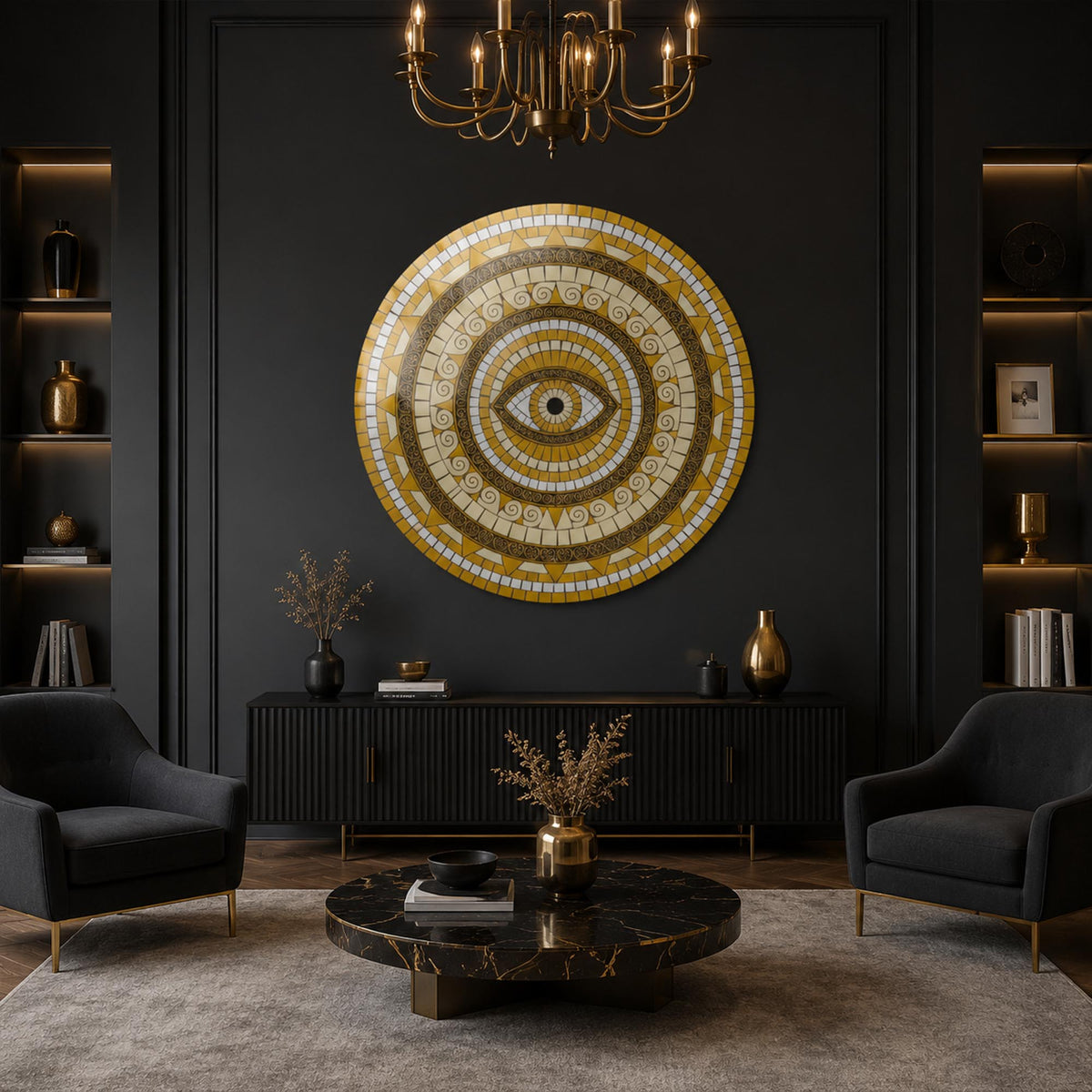 Golden Eye Mandala — tempered glass, ultra HD print, ready to hang