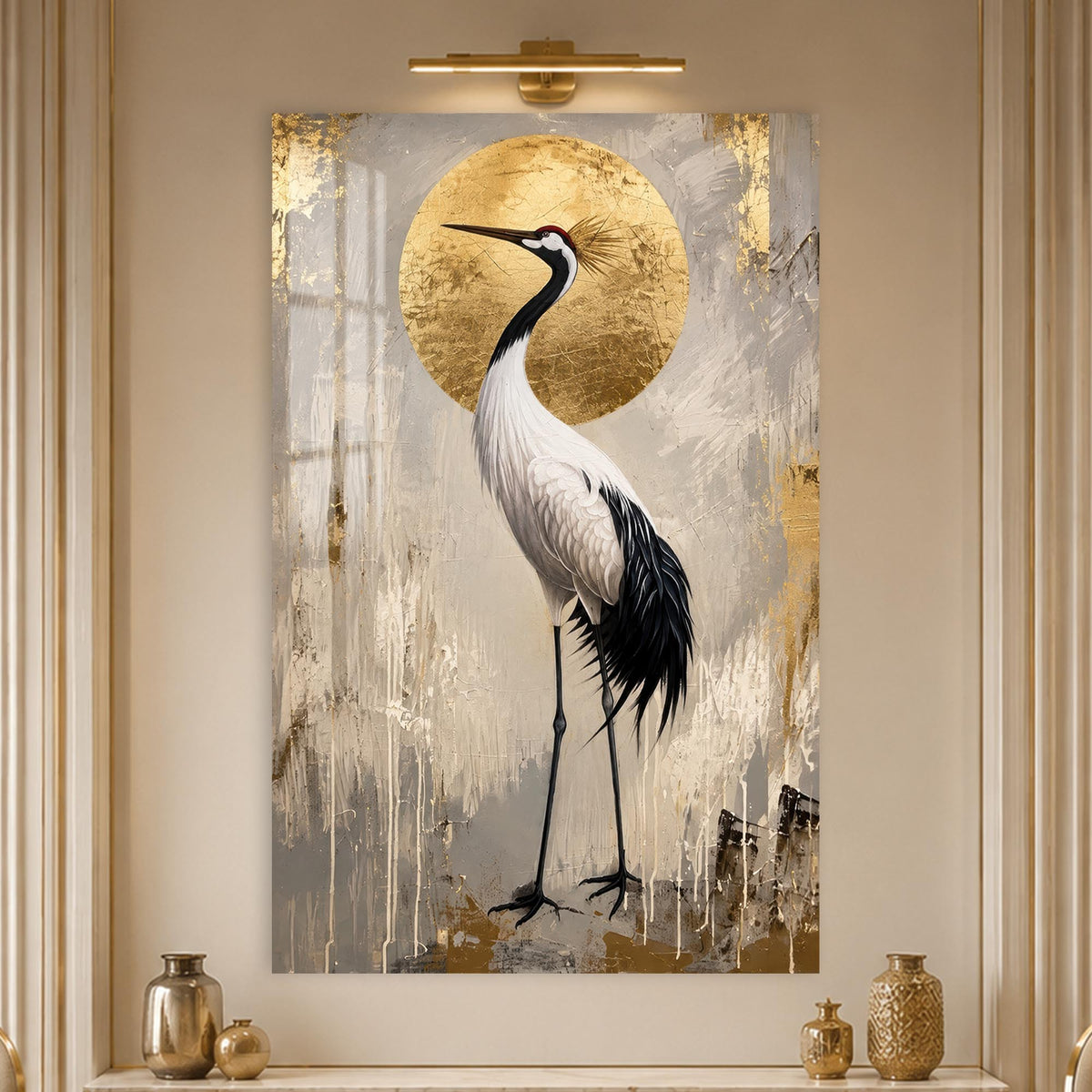 Crane Before Golden Sun in a modern room
