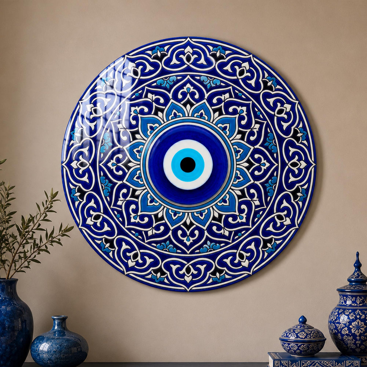 Blue Evil Eye Mandala — tempered glass, ultra HD print, ready to hang