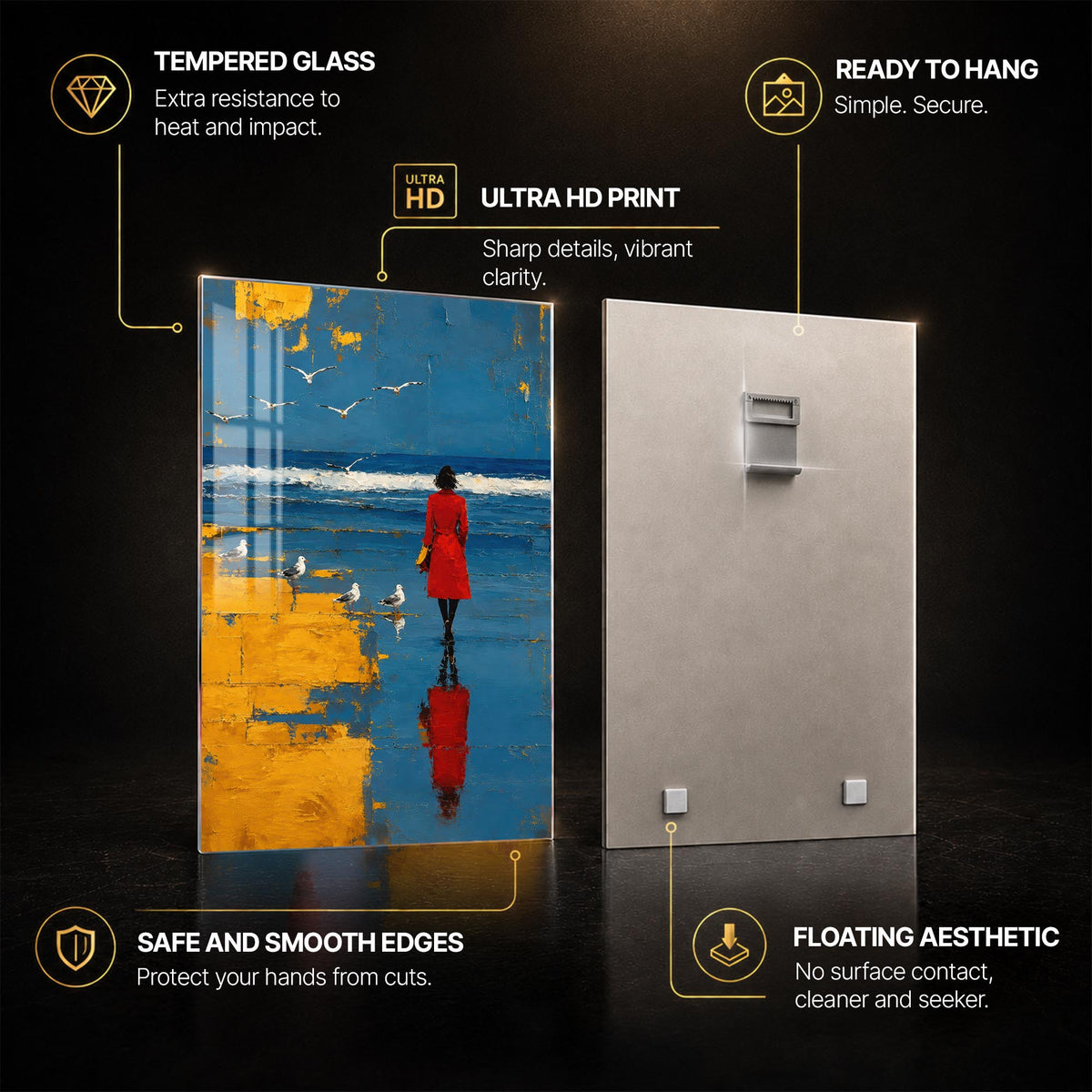 Red Coat By The Sea — tempered glass, ultra HD print, ready to hang