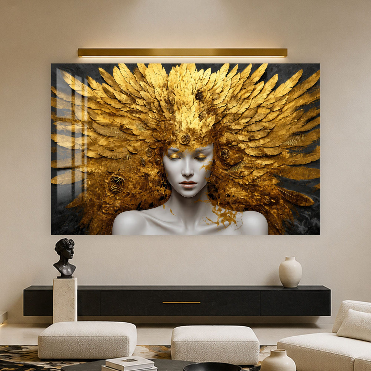 Artronauts Glass Print Golden Feather Goddess Glass Wall Art
