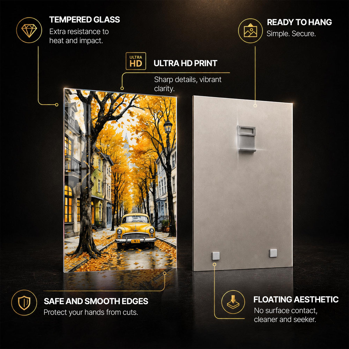 Yellow Car Autumn Street — tempered glass, ultra HD print, ready to hang