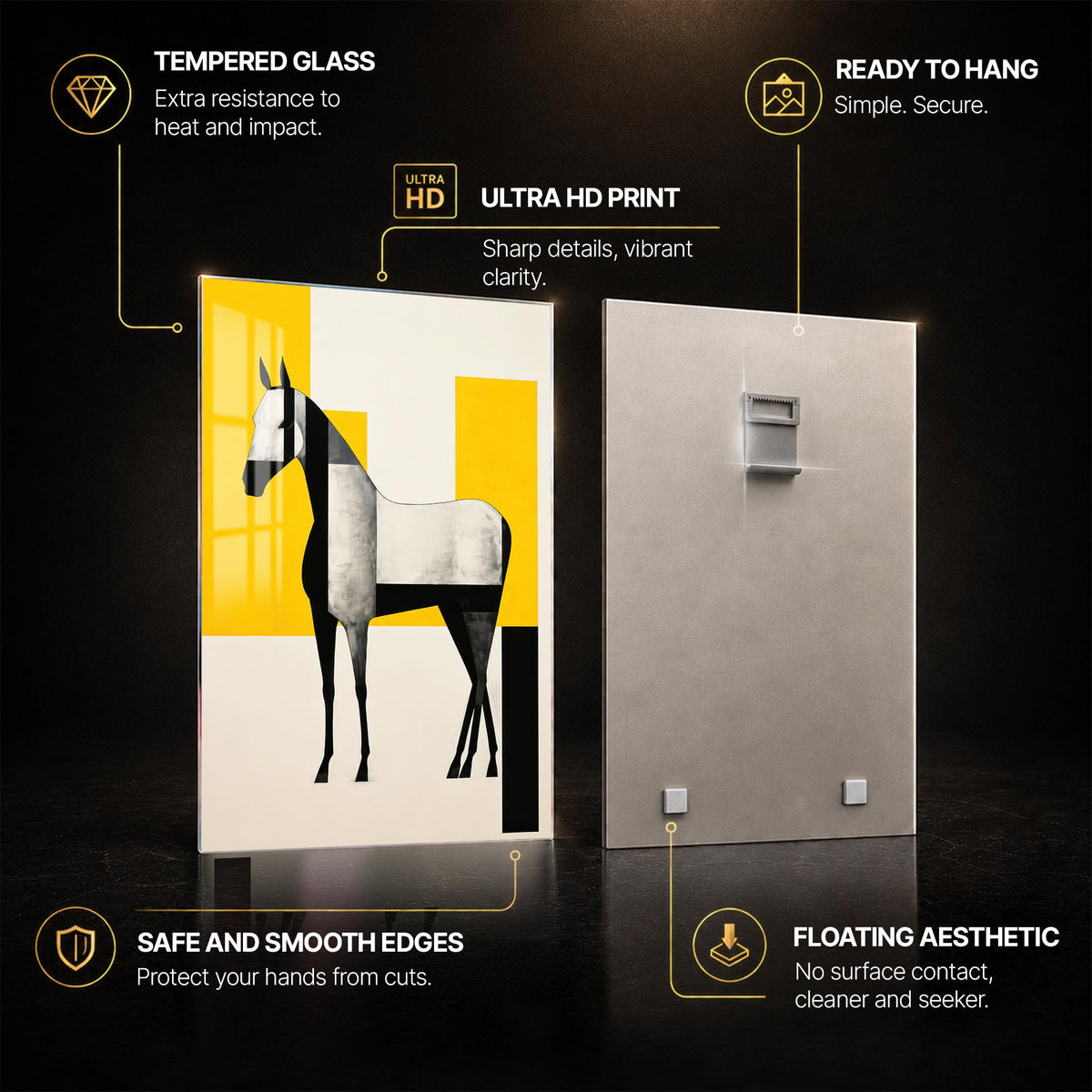 Geometric White Horse — tempered glass, ultra HD print, ready to hang