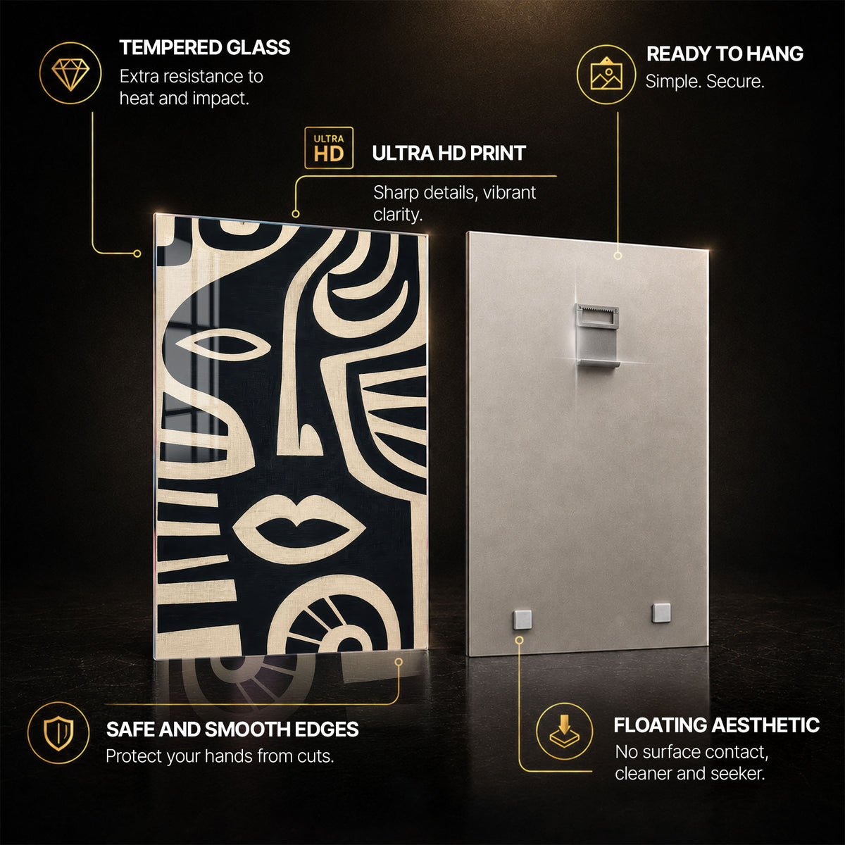 Midnight Tribal Faces — tempered glass, ultra HD print, ready to hang