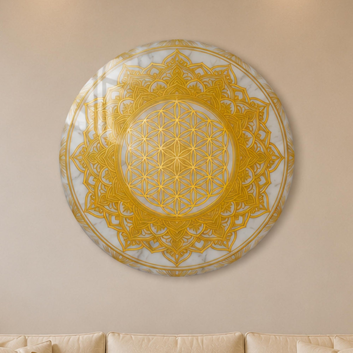 Golden Sacred Bloom — tempered glass, ultra HD print, ready to hang